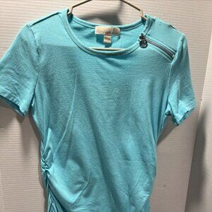 Michael Kors Medium Shoulder Zip Blue Green Cinched Short Sleeve Shirt